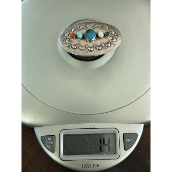 Vintage Navajo Sterling Turquoise Coral Rose Quartz Malachite Brooch - Picture 5 of 5